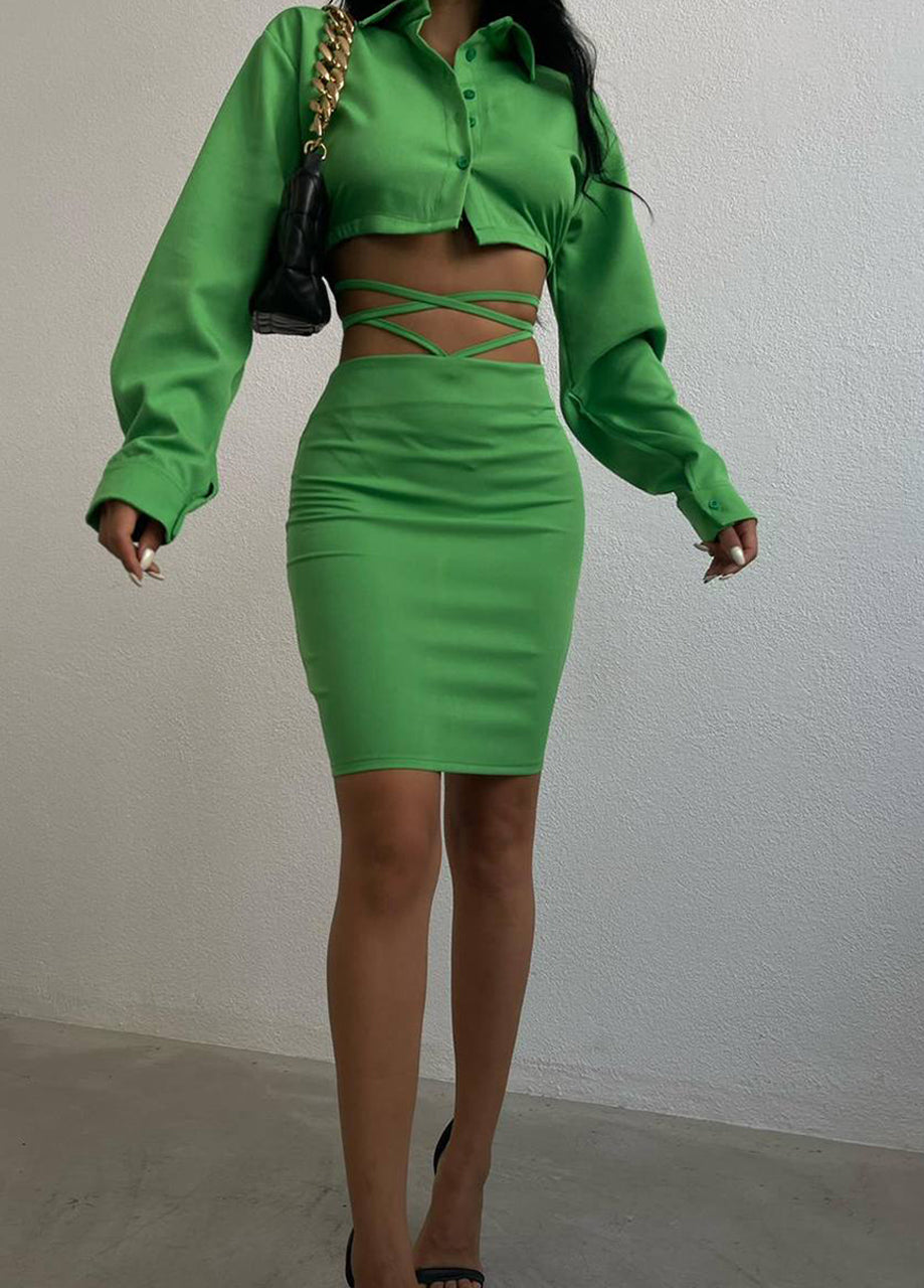 Crop Shirt + High Waist Skirt Set