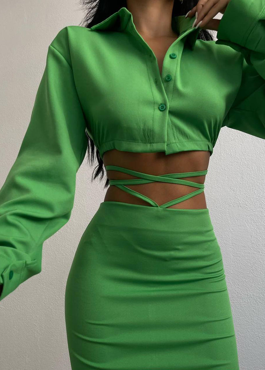 Crop Shirt + High Waist Skirt Set