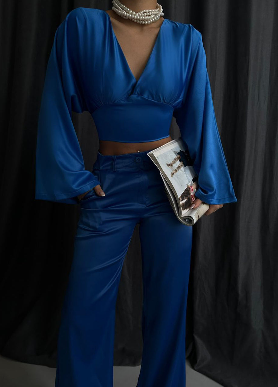 Straight Cut Satin Trousers + Batwing Blouse Set